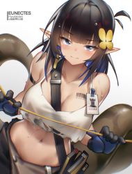 Rule 34 | 1girl, absurdres, arknights, artist name, barcode, barcode tattoo, bilibili xiaolu, black gloves, black hair, blue eyes, blue hair, blunt bangs, blush, breasts, character name, cleavage, closed mouth, collarbone, eunectes (arknights), eunectes (forgemaster) (arknights), flower, gloves, hair flower, hair ornament, highres, large breasts, looking at viewer, midriff, multicolored hair, navel, official alternate costume, pointy ears, simple background, solo, sweat, tail, tattoo, white background