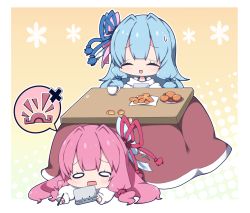 Rule 34 | 2girls, :d, bare shoulders, blue hair, blue ribbon, closed eyes, commentary request, cup, food, fruit, hair ribbon, handheld game console, holding, holding handheld game console, kotatsu, kotonoha akane, kotonoha aoi, long hair, long sleeves, lying, mandarin orange, milkpanda, multiple girls, off-shoulder, off-shoulder sweater, off shoulder, on stomach, open mouth, puffy long sleeves, puffy sleeves, red ribbon, ribbon, siblings, sisters, sitting, sleeves past wrists, smile, spoken object, sweat, sweater, table, teacup, teardrop, under kotatsu, under table, very long hair, voiceroid, white sweater