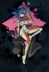Rule 34 | 1girl, absurdres, blue hair, body bag, breasts, choker, cleavage, collarbone, eyepatch, gloves, hat, highres, kinuko (kinucakes), large breasts, latex, latex gloves, leg wrap, mask, mouth mask, nurse cap, official art, ponytail, red eyes, sitting, skullgirls, smile, solo, surgical mask, syringe, valentine (skullgirls), zipper, zipper pull tab