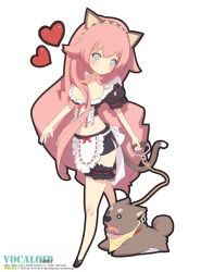 Rule 34 | 1girl, alternate costume, animal, animal ears, apron, blue eyes, breasts, cat ears, cat girl, cat tail, cleavage, collar, dog, enmaided, female focus, frills, heart, large breasts, leash, long hair, maid, maid apron, maid headdress, megurine luka, midriff, pet, pink hair, skirt, solo, tail, vocaloid, yeounsi