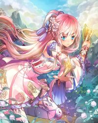 Rule 34 | 1girl, armor, bad id, bad pixiv id, bare shoulders, between fingers, blue eyes, blue sky, blush, braid, brooch, closed mouth, cloud, day, detached sleeves, dress, dual wielding, elbow pads, floral print, flower, frown, gem, glowing, hair flower, hair ornament, holding, jewelry, knee pads, lily of the valley, long hair, looking at viewer, miemia, mountain, official art, ofuda, ofuda between fingers, pink dress, pink flower, pink hair, ponytail, rose print, sky, solo, star (symbol), strapless, strapless dress, tassel, tenkuu no crystalia, thighhighs, very long hair, white background, white flower, wide sleeves