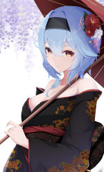 Rule 34 | 1girl, absurdres, bare shoulders, black hairband, black kimono, blue hair, breasts, cleavage, closed mouth, commentary, eula (genshin impact), flower, genshin impact, hair flower, hair ornament, hairband, highres, holding, holding umbrella, japanese clothes, kimono, large breasts, light blue hair, long sleeves, looking at viewer, medium hair, oil-paper umbrella, pisuke (user kcmh2774), signature, smile, solo, umbrella, upper body, yellow eyes