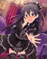 Rule 34 | 10s, 1girl, antenna hair, artist request, black hair, blue eyes, bow, center frills, couch, curtains, earrings, embarrassed, fang, frills, ganaha hibiki, gothic lolita, hair bow, idolmaster, idolmaster (classic), idolmaster million live!, idolmaster million live! theater days, jewelry, lace, lace-trimmed legwear, lace trim, lolita fashion, long hair, looking at viewer, official art, outstretched hand, ponytail, ribbon, solo, thighhighs