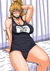 Rule 34 | 1girl, blonde hair, breasts, capcom, collar, final fight, genryuusai maki, large breasts, papepox2, school swimsuit, sitting, solo, swimsuit