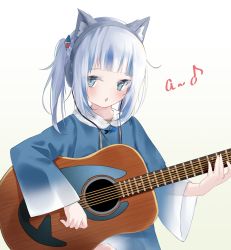 Rule 34 | 1girl, :o, a (phrase), acoustic guitar, animal costume, animal ear headphones, animal ears, bad id, bad pixiv id, blue eyes, blue hair, blunt bangs, blush, cat ear headphones, commentary, english text, fake animal ears, gawr gura, guitar, hair ornament, headphones, highres, holding, holding instrument, hololive, hololive english, hood, hood down, instrument, long sleeves, looking at viewer, multicolored hair, shark costume, shark girl, shark hair ornament, solo, streaked hair, two side up, virtual youtuber, white background, white hair, wide sleeves, yuzuno kaori
