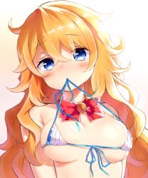 Rule 34 | 1girl, bikini, bikini in mouth, blonde hair, blue eyes, blush, bow, bowtie, breasts, clothes in mouth, commentary request, hair between eyes, highres, long hair, looking at viewer, medium breasts, mouth hold, neit ni sei, nijisanji, otogibara era, red bow, red bowtie, solo, swimsuit, upper body, virtual youtuber