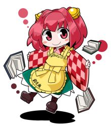 Rule 34 | 1girl, apron, bell, blush stickers, book, byourou, chibi, clothes writing, hair ornament, japanese clothes, looking at viewer, motoori kosuzu, outstretched arms, red eyes, red hair, simple background, smile, solo, spread arms, touhou, translation request, two side up, white background