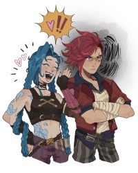 Rule 34 | !, !!, 2girls, :d, arcane: league of legends, arcane jinx, arcane vi, arm tattoo, bandaged arm, bandages, bare shoulders, belt, blue hair, braid, brown belt, brown pants, character name, collarbone, crossed arms, eyebrow cut, fingerless gloves, gloves, heart, highres, jacket, jinx (league of legends), league of legends, long hair, multiple girls, open clothes, open jacket, open mouth, pants, peg (deviledfisheggs), pink pants, red hair, red jacket, shoulder tattoo, siblings, sisters, smile, stomach tattoo, striped clothes, striped pants, swept bangs, tattoo, teeth, twin braids, vi (league of legends)