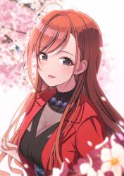 Rule 34 | 1girl, ahoge, arisugawa natsuha, black eyes, blazer, cherry blossoms, commentary request, earrings, highres, idolmaster, idolmaster shiny colors, jacket, jewelry, long hair, looking at viewer, open mouth, orange hair, osoba susurukun, petals, red jacket, solo, swept bangs, upper body