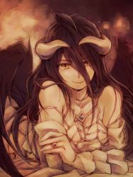 Rule 34 | albedo (overlord), black hair, black wings, demon girl, demon horns, demon wings, detached collar, dress, feathered wings, gloves, hair between eyes, hip vent, horns, jewelry, low wings, lying, on bed, on stomach, overlord (maruyama), ring, slit pupils, smile, solo, user xgpy8228, white dress, white gloves, wings, yellow eyes