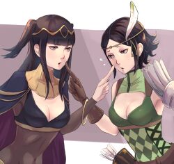 Rule 34 | 2girls, armor, arrow (projectile), black hair, black nails, bodystocking, bracelet, breasts, cape, cheek poking, circlet, cleavage, feather hair ornament, feathers, fire emblem, fire emblem awakening, flying sweatdrops, hair ornament, jewelry, looking at another, medium breasts, mother and daughter, multiple girls, nintendo, noire (fire emblem), poking, quiver, riou (pooh920), short hair, shoulder armor, tharja (fire emblem), tiara