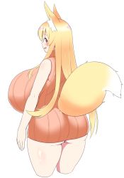 Rule 34 | 1girl, animal ears, ass, bare shoulders, blonde hair, blush, breasts, cowboy shot, curvy, dress, fox ears, fox tail, from behind, futon7979, gigantic breasts, gluteal fold, highres, huge ass, long hair, looking at viewer, looking back, original, red eyes, sideboob, simple background, sleeveless, smile, solo, sweatdrop, sweater, sweater dress, tail, thick thighs, thighs, turtleneck, turtleneck sweater, white background, wide hips, yuzuno (futon)