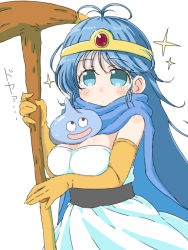 Rule 34 | 1girl, blue eyes, blue hair, blush, breasts, cape, capelet, circlet, closed mouth, commentary request, dragon quest, dragon quest iii, dress, elbow gloves, gloves, large breasts, long hair, looking at viewer, naitou kouse, sage (dq3), simple background, slime (dragon quest), staff, white background, yellow gloves