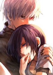 Rule 34 | 10s, 1boy, 1girl, blood, blood on face, blue eyes, blue hair, comforting, covered mouth, covering own mouth, crying, hand over own mouth, heterochromia, kaneki ken, kirishima touka, leaning on person, leaning to the side, nail polish, red eyes, short hair, simple background, syokuuuuuuuuumura, tears, tokyo ghoul, white background, white hair