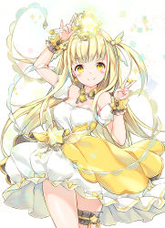 Rule 34 | 1girl, bare shoulders, blonde hair, blush, breasts, bridal garter, cleavage, closed mouth, commentary request, detached collar, detached sleeves, dress, earrings, hair ornament, hair wings, holding, holding wand, jewelry, juna, long hair, looking at viewer, magical girl, medium breasts, original, puffy short sleeves, puffy sleeves, short sleeves, smile, solo, star (symbol), star earrings, star hair ornament, two side up, very long hair, wand, white dress, wrist cuffs, yellow eyes