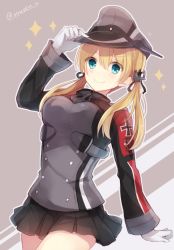 Rule 34 | 10s, 1girl, blonde hair, blue eyes, breasts, gloves, hat, hiiragi souren, kantai collection, long hair, peaked cap, prinz eugen (kancolle), skirt, smile, solo, sparkle, twintails, uniform