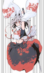 Rule 34 | 1girl, animal ears, closed mouth, commentary request, detached sleeves, hakuro109, arms up, highres, holding, holding sword, holding weapon, inubashiri momiji, leaf print, long sleeves, long sword, looking at viewer, maple leaf print, midriff, navel, red eyes, short hair, silver hair, skirt, solo, speed lines, sports bra, sword, tail, touhou, v-shaped eyebrows, weapon, wolf ears, wolf tail