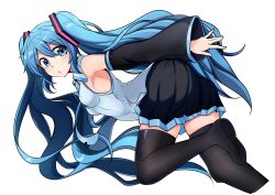 Rule 34 | 1girl, absurdres, black thighhighs, blue eyes, blue hair, blush, breasts, detached sleeves, hatsune miku, highres, kazenoko, long hair, looking at viewer, matching hair/eyes, skirt, solo, thighhighs, transparent background, very long hair, vocaloid
