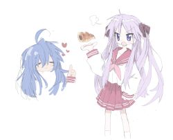 Rule 34 | 2girls, :3, puff of air, ahoge, blue hair, blush, chocolate cornet, closed eyes, cropped legs, food, hair ribbon, heart, highres, hiiragi kagami, izumi konata, long hair, long sleeves, lucky star, messy hair, multiple girls, neckerchief, open mouth, pink neckerchief, pleated skirt, purple hair, red sailor collar, red skirt, reitoubeef, ribbon, ryouou school uniform, sailor collar, school uniform, serafuku, simple background, skirt, white background