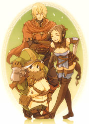 Rule 34 | 1girl, 2boys, atlus, blonde hair, breasts, brown hair, cape, cleavage, closed eyes, kuratomi, large breasts, marco (radiant historia), medium breasts, multiple boys, radiant historia, raynie, stocke, thighhighs, tommy0117