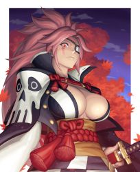 Rule 34 | 1girl, amputee, autumn leaves, baiken, big hair, breasts, eyepatch, facial tattoo, guilty gear, guilty gear xrd, hand on hilt, japanese clothes, kataginu, katana, kimono, large breasts, long hair, looking at viewer, looking down, multicolored clothes, multicolored kimono, no bra, noppo (tarstation), obi, one-eyed, pink hair, ponytail, popped collar, rope belt, samurai, sash, scar, scar across eye, scar on face, sheath, skull print, solo, sword, tattoo, unsheathing, weapon