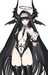 Rule 34 | 1girl, bare shoulders, black hair, black thighhighs, blue archive, dishwasher1910, feathered wings, gloves, habit, halo, headdress, holding, horns, leotard, long hair, looking at viewer, nun, red eyes, rio (blue archive), solo, thighhighs, very long hair, white background, wings