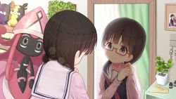 Rule 34 | 1girl, black hair, black shirt, blush, bulletin board, character request, chest of drawers, closed mouth, comb, commentary request, copyright request, creatures (company), game freak, gen 8 pokemon, glasses, hair over shoulder, hands up, highres, indie virtual youtuber, indoors, jacket, legendary pokemon, long hair, long sleeves, low twintails, mimikaki (men bow), mirror, morpeko, morpeko (full), morpeko (hangry), neckerchief, nintendo, open clothes, open jacket, photo (object), pink jacket, plant, pokemon, pokemon (creature), potted plant, purple eyes, red-framed eyewear, red neckerchief, reflection, sailor collar, school uniform, semi-rimless eyewear, serafuku, shirt, sleeves past wrists, smile, twintails, tying hair, under-rim eyewear, virtual youtuber, white sailor collar