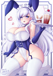 Rule 34 | 1girl, adapted costume, alternate costume, azur lane, belfast (azur lane), blue gloves, braid, breasts, broken, broken chain, chain, cleavage, coffee, corset, food, french braid, frilled gloves, frills, gloves, hair between eyes, highres, kneeling, large breasts, leotard, long hair, looking at viewer, maid, maid headdress, muffin, open mouth, playboy bunny, purple eyes, sevie, signature, smile, solo, thighhighs, tray, white background, white gloves, white hair, white leotard, white thighhighs