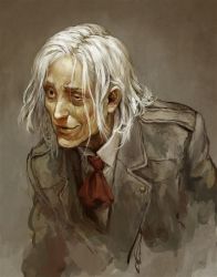 Rule 34 | 10s, 1boy, brown background, coat, duexduex, grey eyes, long hair, mado kureo, male focus, neckerchief, necktie, old, old man, realistic, smile, solo, tokyo ghoul, traditional media, trench coat, upper body, white hair