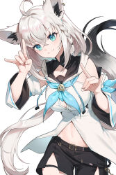Rule 34 | 1girl, ahoge, animal ear fluff, animal ears, black shorts, blue neckerchief, blush, braid, breasts, commentary request, detached sleeves, double fox shadow puppet, earrings, fox ears, fox girl, fox shadow puppet, fox tail, green eyes, hair between eyes, highres, hololive, hood, hoodie, jewelry, long hair, looking at viewer, medium breasts, midriff, n2 00345, navel, neckerchief, shirakami fubuki, shirakami fubuki (1st costume), short shorts, shorts, sidelocks, simple background, single braid, smile, solo, tail, virtual youtuber, white background, white hair, white hoodie