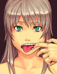 Rule 34 | 1girl, bad id, bad pixiv id, brown hair, fangs, green eyes, highres, long hair, mustard seeds, open mouth, original, portrait, solo, teeth, tongue, tongue out, yuuji (and)