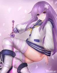 Rule 34 | 1girl, ass, blush, d-pad, d-pad hair ornament, dress, hair ornament, holding, holding sword, holding weapon, long hair, looking at viewer, mixed-language commentary, nail polish, neckerchief, nepgear, neptune (series), purple eyes, purple hair, purple nails, sailor dress, smile, solo, striped clothes, striped thighhighs, suterisu, sword, thighhighs, thighs, very long hair, weapon, yellow neckerchief