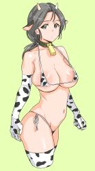 Rule 34 | 1girl, absurdres, animal ears, animal print, bell, bikini, blush, breasts, brown eyes, cleavage, cow ears, cow horns, cow print, cow print bikini, cowbell, elbow gloves, fake animal ears, fake horns, freckles, girls und panzer, gloves, green background, grey hair, highres, horns, kuppipi ramutarou, large areolae, large breasts, long hair, looking at viewer, micro bikini, navel, neck bell, open mouth, piyotan (girls und panzer), ponytail, print bikini, print thighhighs, side-tie bikini bottom, simple background, skindentation, solo, swimsuit, thighhighs
