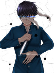 Rule 34 | 1boy, azarashi (azrsot), bandages, bandage on face, black hair, blue eyes, blue jacket, frown, hair between eyes, highres, holding, holding knife, jacket, knife, long sleeves, looking at viewer, male focus, solo, standing, tohno shiki, tsukihime, upper body