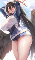 Rule 34 | 1girl, absurdres, adjusting hair, akatsuki (aktk511), black choker, black hair, black wings, blue archive, blue jacket, blue shorts, blue sky, breasts, choker, cloud, feathered wings, from below, gym shirt, gym shorts, gym uniform, hair between eyes, halo, hasumi (blue archive), hasumi (track) (blue archive), highres, huge breasts, jacket, large wings, long hair, looking at viewer, low wings, mole, mole under eye, mouth hold, official alternate costume, partially unzipped, ponytail, red eyes, shirt, shorts, sky, solo, track jacket, very long hair, white shirt, wings