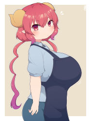 Rule 34 | 1girl, arms at sides, blouse, blue shirt, blush, breasts, hair between eyes, head tilt, heo (tkgm), highres, horns, huge breasts, ilulu (maidragon), kobayashi-san chi no maidragon, long hair, looking at viewer, outside border, pointy ears, purple hair, red eyes, red hair, shirt, shortstack, simple background, solo, standing, yellow background, yellow horns