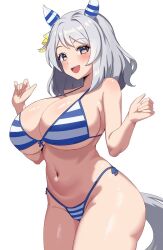 Rule 34 | 1girl, alternate breast size, alternate costume, animal ears, bikini, blush, breasts, cleavage, commentary request, curvy, ear covers, grey eyes, grey hair, hands up, highres, hishi miracle (umamusume), horse ears, horse girl, horse tail, huge breasts, long hair, navel, open mouth, side-tie bikini bottom, smile, solo, stomach, striped bikini, striped clothes, swimsuit, tail, thick thighs, thighs, umamusume, zukanosuke