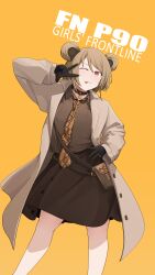 Rule 34 | 1girl, ;3, absurdres, bag, black gloves, brown coat, brown hair, brown necktie, brown shirt, brown skirt, character name, choker, coat, commentary, copyright name, double bun, english commentary, girls&#039; frontline, gloves, hair bun, hand on own hip, hand up, highres, looking at viewer, necktie, official alternate costume, one eye closed, p90 (girls&#039; frontline), p90 (the girl from b.e.l) (girls&#039; frontline), print necktie, red eyes, saiskh, shirt, short hair, simple background, skirt, solo, straight-on, tongue, tongue out, w, yellow background