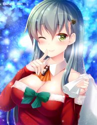 Rule 34 | 10s, 1girl, aqua hair, arm warmers, blush, breasts, christmas, christmas tree hair ornament, cleavage, dress, finger to mouth, green eyes, hair ornament, izumi akane, kantai collection, large breasts, long hair, looking at viewer, neckerchief, night, night sky, one eye closed, red dress, sack, sky, smile, solo, suzuya (kancolle), twitter username