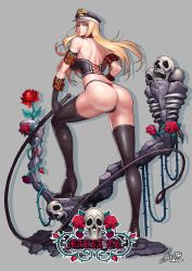 Rule 34 | 00s, 1girl, arm belt, arm strap, ass, black gloves, black thighhighs, blonde hair, blue eyes, boots, buckle, character name, collar, dominatrix, dungeon and fighter, female gunner (dungeon and fighter), gloves, gonster, gunner (dungeon and fighter), hat, high heel boots, high heels, highres, long hair, looking back, maria tr, original, peaked cap, skeleton, solo, spiked collar, spikes, thigh boots, thighhighs, thong, whip