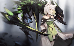 Rule 34 | 1girl, absurdres, animal ear fluff, animal ears, arknights, cat ears, choker, clothes writing, cowboy shot, dress, green eyes, hands in pockets, highres, holding, holding behind back, jewelry, kal&#039;tsit (arknights), kashiyarrm, lab coat, looking away, material growth, monster, off-shoulder jacket, off shoulder, oripathy lesion (arknights), pendant, see-through, sharp teeth, standing, tagme, teeth, thighs
