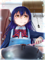 Rule 34 | 1girl, apron, artist name, artist request, blue apron, blue cardigan, blue hair, blue jacket, blush, bow, bowl, bowtie, breasts, buttons, cardigan, collared shirt, female focus, hair between eyes, highres, holding, indoors, jacket, kitchen, long hair, long sleeves, looking at viewer, love live!, love live! school idol festival, love live! school idol project, otonokizaka school uniform, parted lips, red neckwear, refrigerator, school uniform, shirt, smile, solo, sonoda umi, striped, striped bow, upper body, white shirt, wing collar, yellow eyes