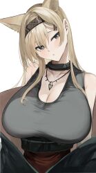 Rule 34 | 1girl, absurdres, animal ears, arknights, bare shoulders, black eyes, black hairband, black jacket, black shirt, blonde hair, blush, breasts, cleavage, extra ears, hair ornament, hairband, hairclip, head tilt, highres, horn (arknights), hug, huge breasts, jacket, jewelry, kajuu, large breasts, long hair, looking at viewer, necklace, off shoulder, open clothes, open jacket, parted lips, shirt, solo, tank top, underbust, upper body, very long hair, wolf ears