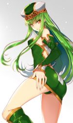 Rule 34 | 1girl, ass, bare shoulders, boots, breasts, c.c., code geass, cosplay, covered erect nipples, creayus, detached sleeves, freya (valkyrie profile), freya (valkyrie profile) (cosplay), green footwear, green hair, hat, highres, knee boots, long hair, looking at viewer, small breasts, smile, valkyrie profile (series), yellow eyes