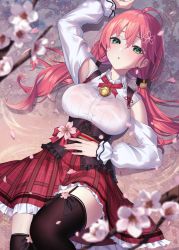 Rule 34 | 1girl, :o, ahoge, arm up, aya (lezon), bell, black ribbon, black thighhighs, blush, breasts, cherry blossoms, collared shirt, corset, frilled skirt, frills, from above, garter straps, green eyes, hair ornament, hair ribbon, hairclip, hand on own stomach, highres, hololive, jingle bell, knee up, large breasts, long hair, long sleeves, looking at viewer, low twintails, lying, neck ribbon, on back, parted lips, petals, pink hair, plaid, plaid skirt, red ribbon, red skirt, reflection, ribbon, sakura miko, sakura miko (casual), shallow water, shirt, skirt, solo, thighhighs, twintails, underbust, virtual youtuber, water, white shirt, zettai ryouiki