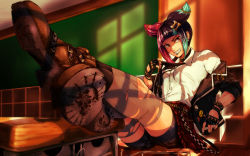 Rule 34 | 1girl, alternate costume, belt collar, bike shorts, bokkusu, boots, bracelet, classroom, collar, desk, fingerless gloves, gloves, hair ornament, hairclip, han juri, highres, jewelry, looking at viewer, multicolored hair, piercing, plaid, plaid skirt, school, school uniform, shorts, shorts under skirt, sitting, skirt, smile, solo, spiked bracelet, spikes, street fighter, street fighter v, thighhighs, torn clothes, torn thighhighs, two-tone hair