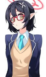 Rule 34 | absurdres, ahoge, aikir (jml5160), aqua necktie, ayane (blue archive), black hair, blazer, blouse, blue archive, braid, brown eyes, commentary, dress shirt, flower, glasses, hair flower, hair ornament, halo, highres, jacket, looking at viewer, necktie, open mouth, pointy ears, red-framed eyewear, school uniform, shirt, short hair, simple background, solo, sweater, upper body, v-neck, white background, white shirt, wing collar, yellow eyes, yellow sweater