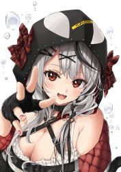 Rule 34 | 1girl, absurdres, animal hood, anno masato, black choker, breasts, bubble, choker, cleavage, fingerless gloves, gloves, highres, hololive, hood, looking at viewer, open mouth, orca hood, red eyes, sakamata chloe, simple background, smile, solo, virtual youtuber, white background