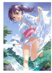 Rule 34 | 1girl, absurdres, barefoot, blue sky, braid, breasts, clothes lift, day, feet, floral print, from below, ginta, highres, japanese clothes, kimono, kimono lift, lace, lace-trimmed panties, lace trim, large breasts, obi, open mouth, outdoors, panties, pink eyes, purple hair, sash, scan, side-tie panties, side braid, side ponytail, single braid, sky, solo, splashing, standing, standing on one leg, toes, underwear, wading, white panties, yukata, yukata lift