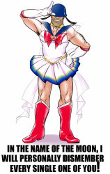 Rule 34 | 1boy, armpit hair, bishoujo senshi sailor moon, blue sailor collar, boots, bow, brooch, collarbone, cosplay, crossdressing, elbow gloves, english text, full body, gloves, hairy legs, heart, heart brooch, helmet, jewelry, magical girl, male focus, parody, red bow, sailor collar, sailor moon, sailor moon (cosplay), simple background, skirt, soldier (tf2), solo, team fortress 2, text focus, tsuki ni kawatte oshioki yo, white background, white gloves, white skirt, yang (artist)
